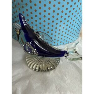 Vintage Blue Hand Blown Glass Dolphin Figurine Murano Style Italy Paperweight